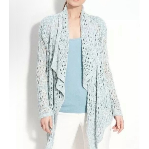 St. John knit crochet blue‎ draped long sleeve cardigan sweater ruffle large - Picture 1 of 8